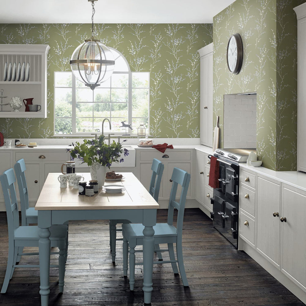 121074 - Pussy Willow Wallpaper - Moss Green - Laura Ashley