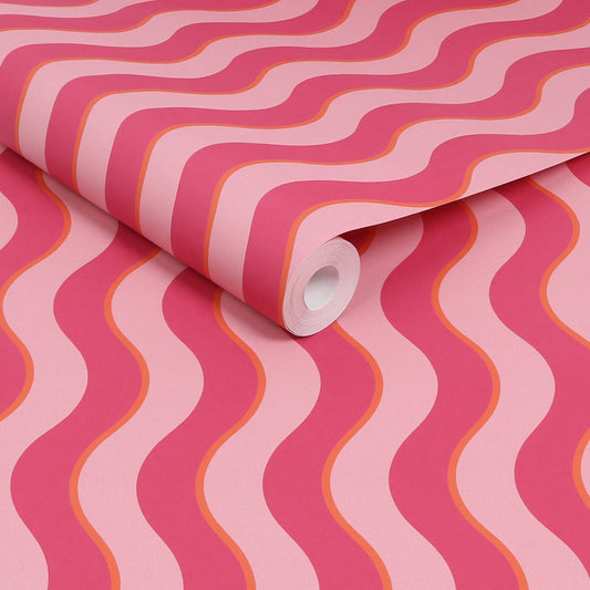 122371 - Making Waves Wallpaper - Raspberry & Tangerine - Envy