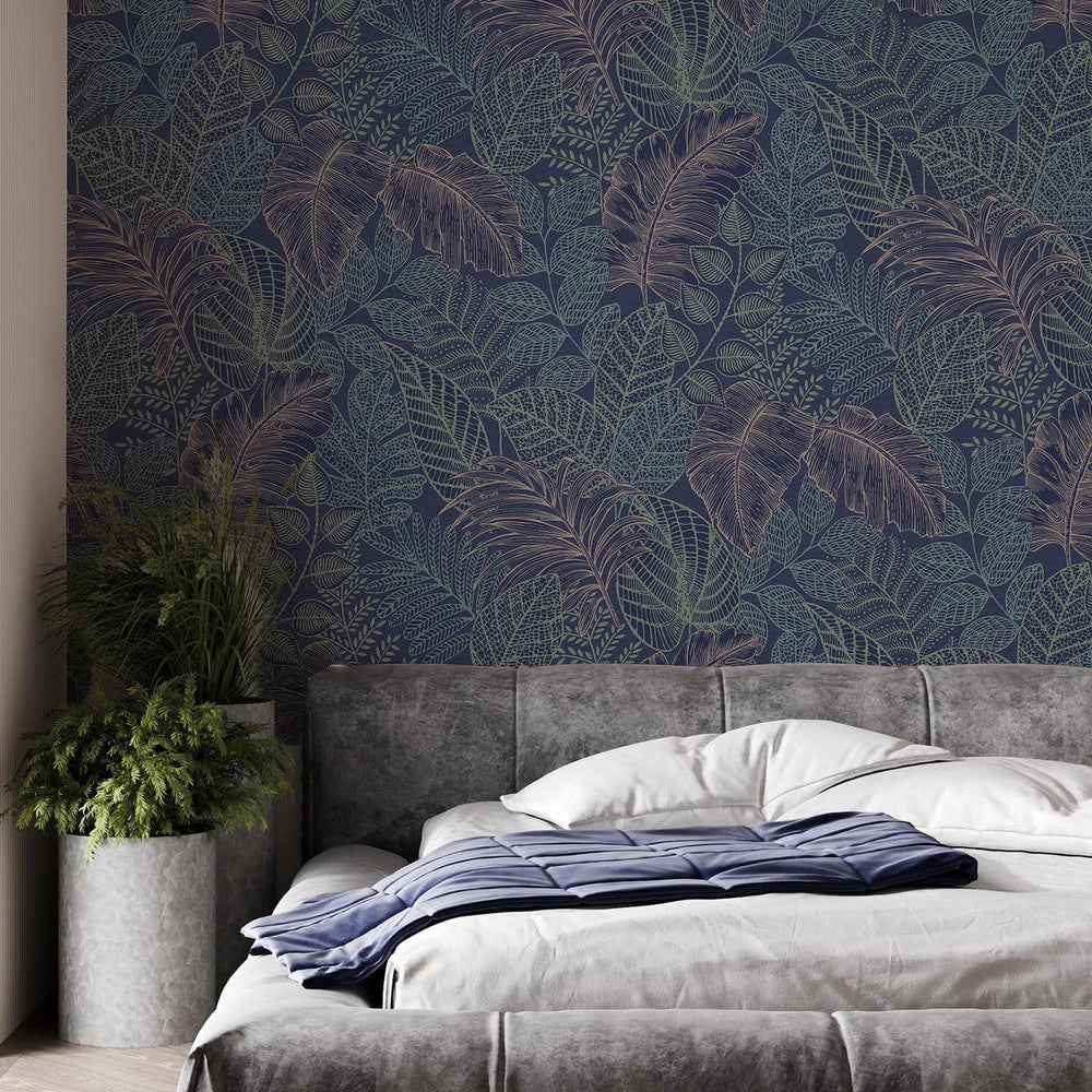 122422 - Scattered Leaves Wallpaper - Blue & Copper - Superfresco Easy