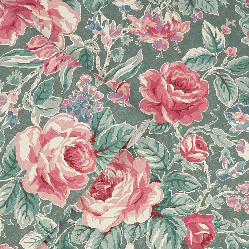 122754 - Wild Roses Wallpaper - Fern Green - Laura Ashley