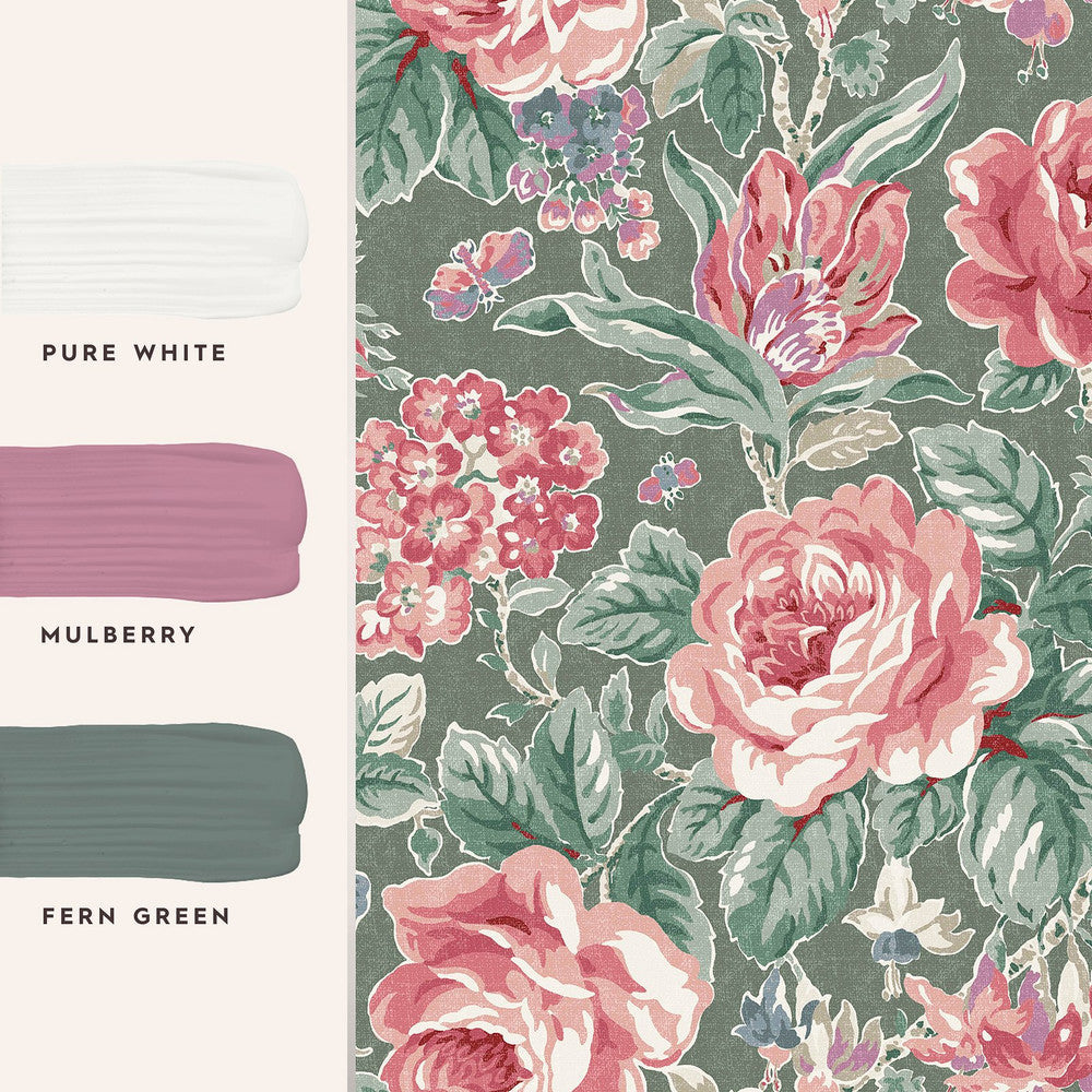 122754 - Wild Roses Wallpaper - Fern Green - Laura Ashley