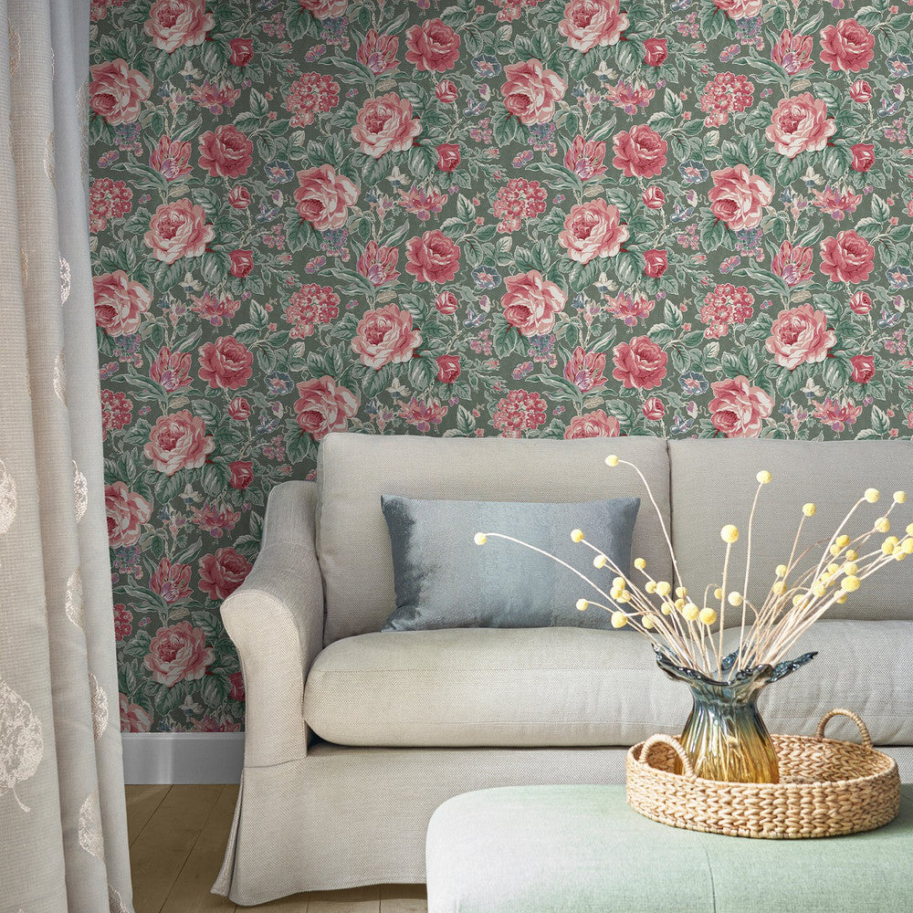 122754 - Wild Roses Wallpaper - Fern Green - Laura Ashley