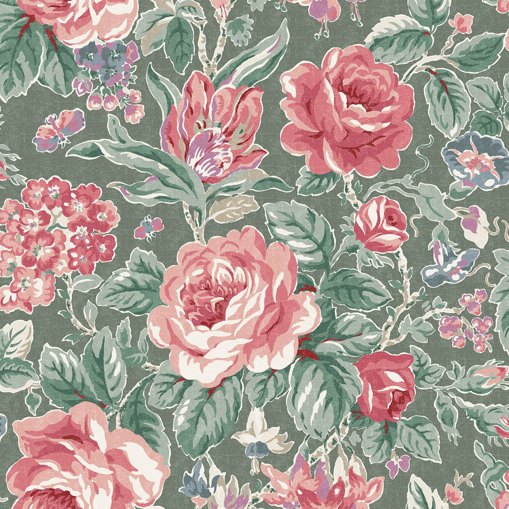 122754 - Wild Roses Wallpaper - Fern Green - Laura Ashley