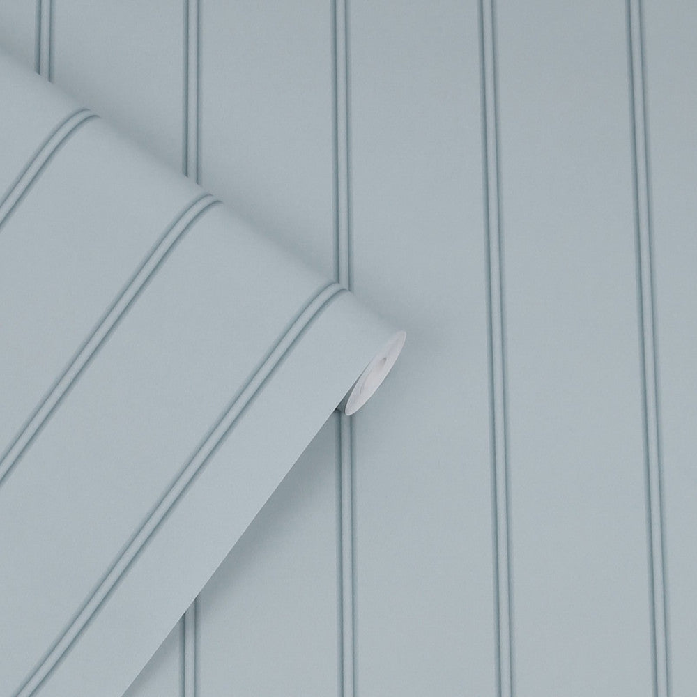 122758 - Chalford Wood Panelling Wallpaper - Seaspray Blue - Laura Ashley