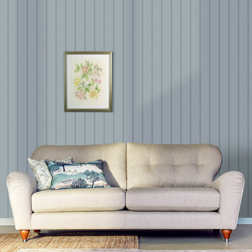 122758 - Chalford Wood Panelling Wallpaper - Seaspray Blue - Laura Ashley
