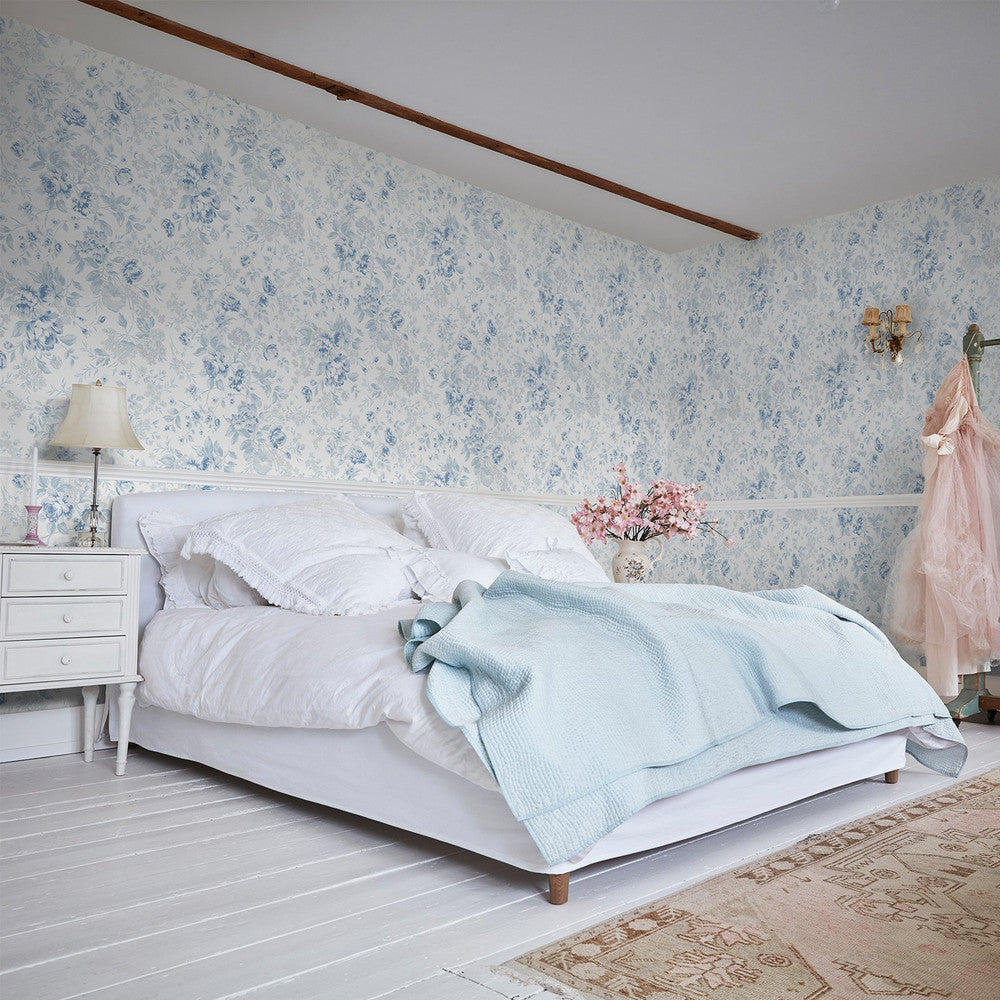 125109 - Romantic Rose Wallpaper - Blue - Shabby Chic
