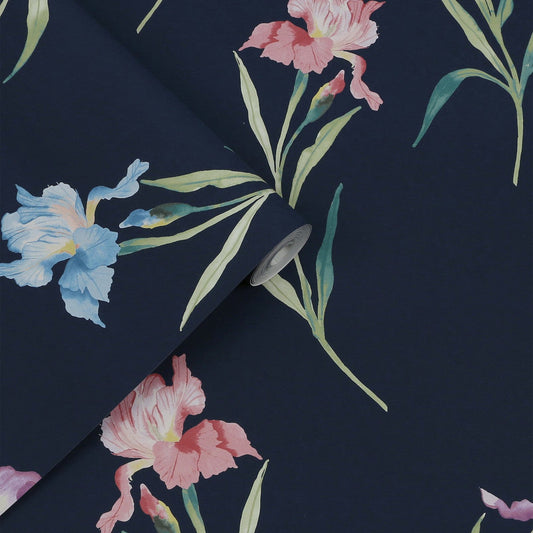 127399 - Hawling Irises Wallpaper - Midnight Seaspray - Laura Ashley
