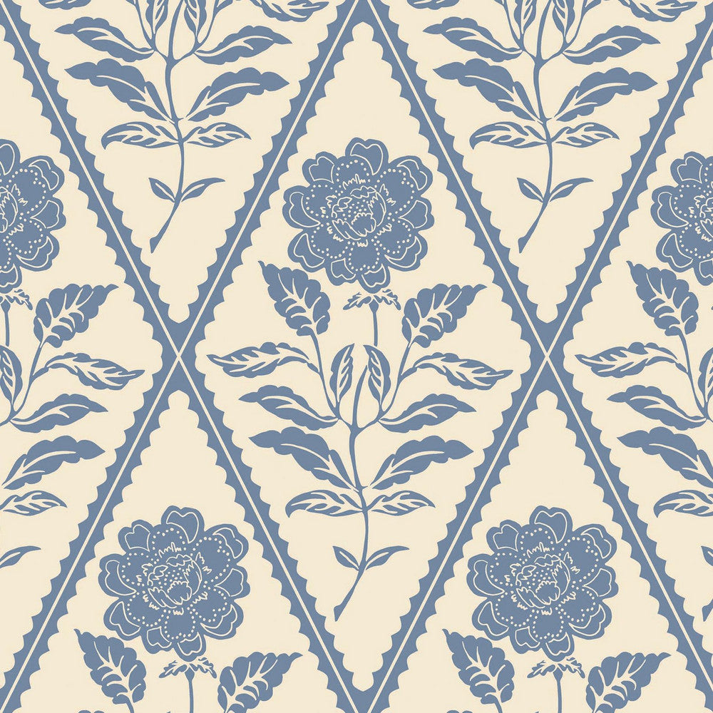 128908 - Juliette Floral Wallpaper - Cream & Blue - Joules