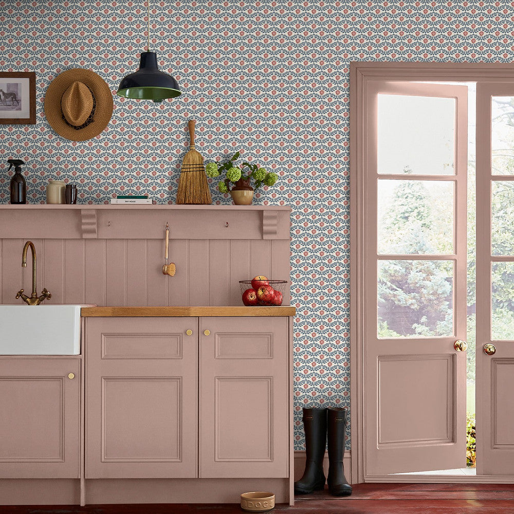 128956 - Stately Floral Wallpaper - Cream & Blue - Joules