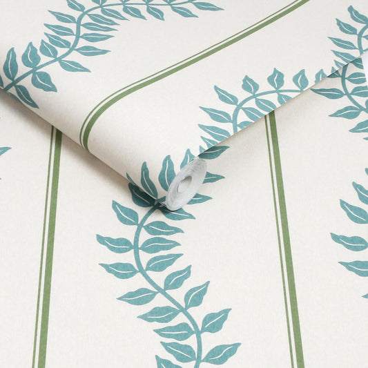 130290 - Laurel Leaf Stripe Wallpaper - Blue & Green - Graham & Brown