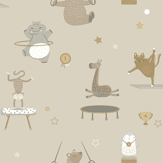 13240 - Animal Gymnastics Wallpaper - Beige - Holden Decor
