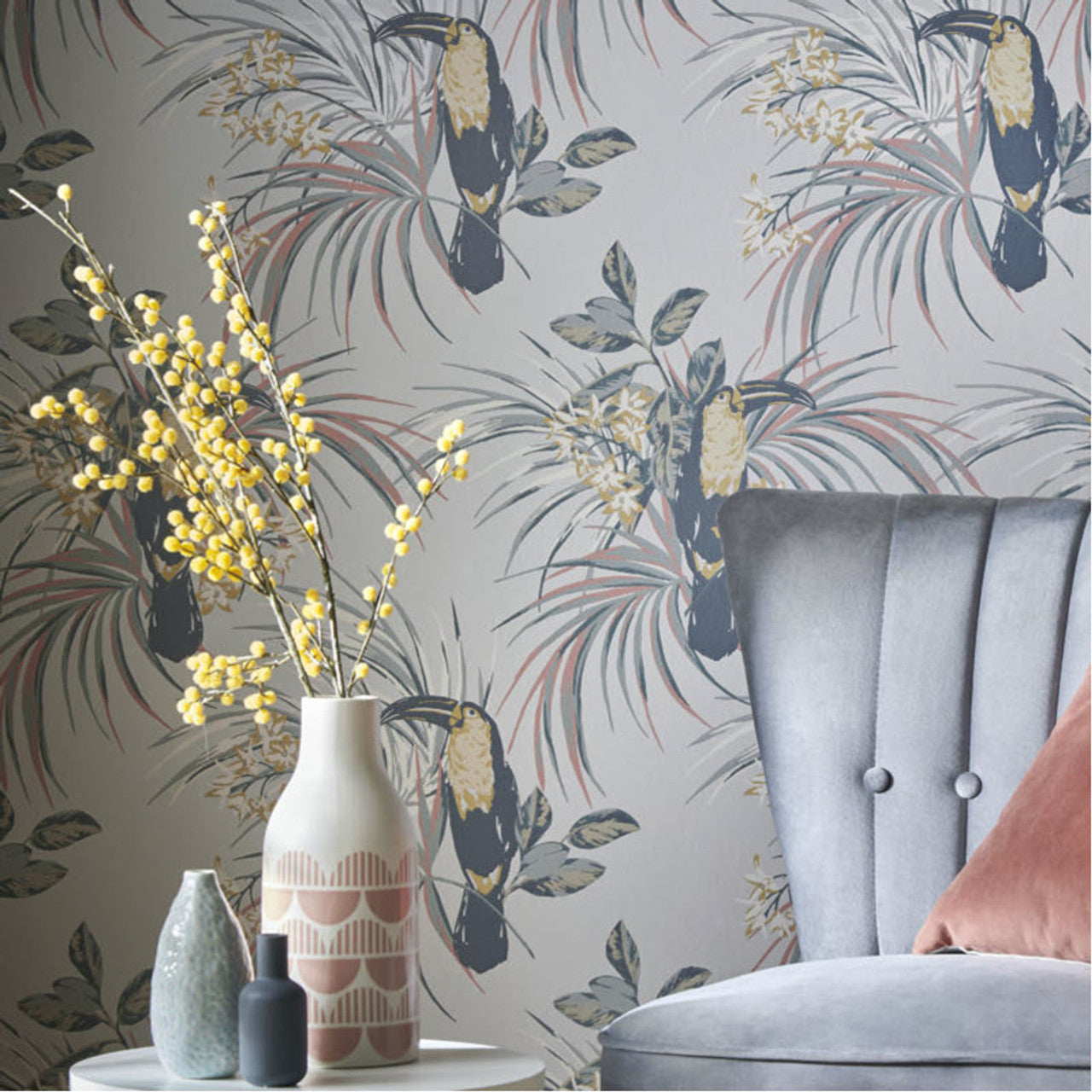 1907-135-06 - Le Toucan Wallpaper - Soft Grey - 1838 wallcoverings