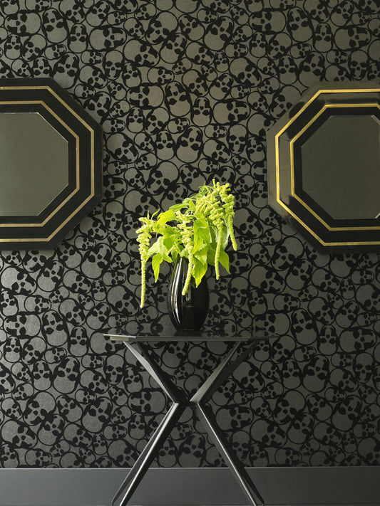 19911 - Skulls Flock Wallpaper - Black - Graham & Brown