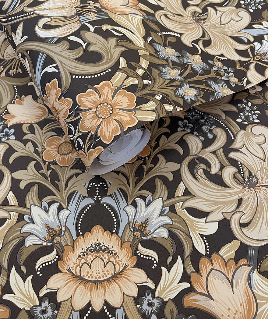 91900 - Fleurmont Wallpaper - Charcoal / Orange - Holden Decor