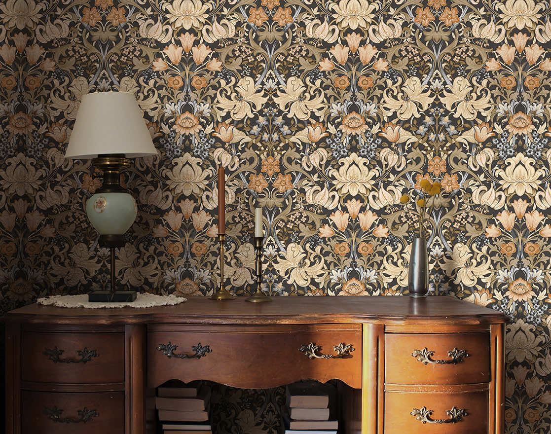 91900 - Fleurmont Wallpaper - Charcoal / Orange - Holden Decor