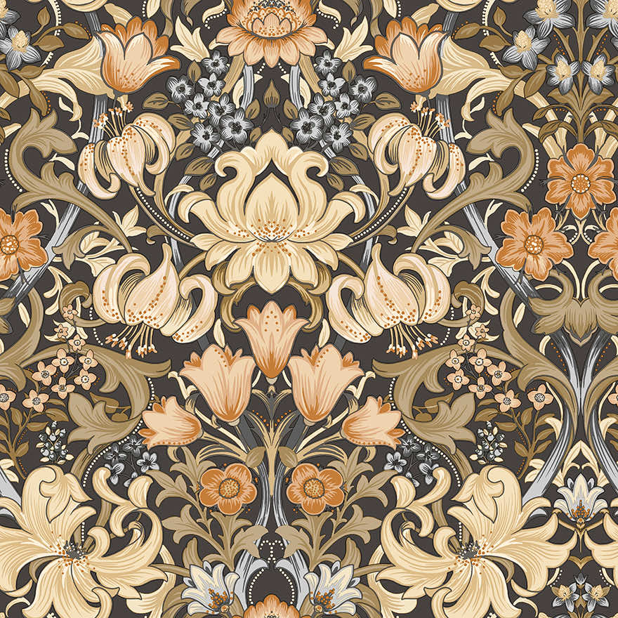 91900 - Fleurmont Wallpaper - Charcoal / Orange - Holden Decor
