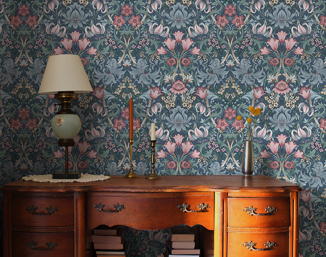 91903 - Fleurmont Wallpaper - Navy / Blush - Holden Decor