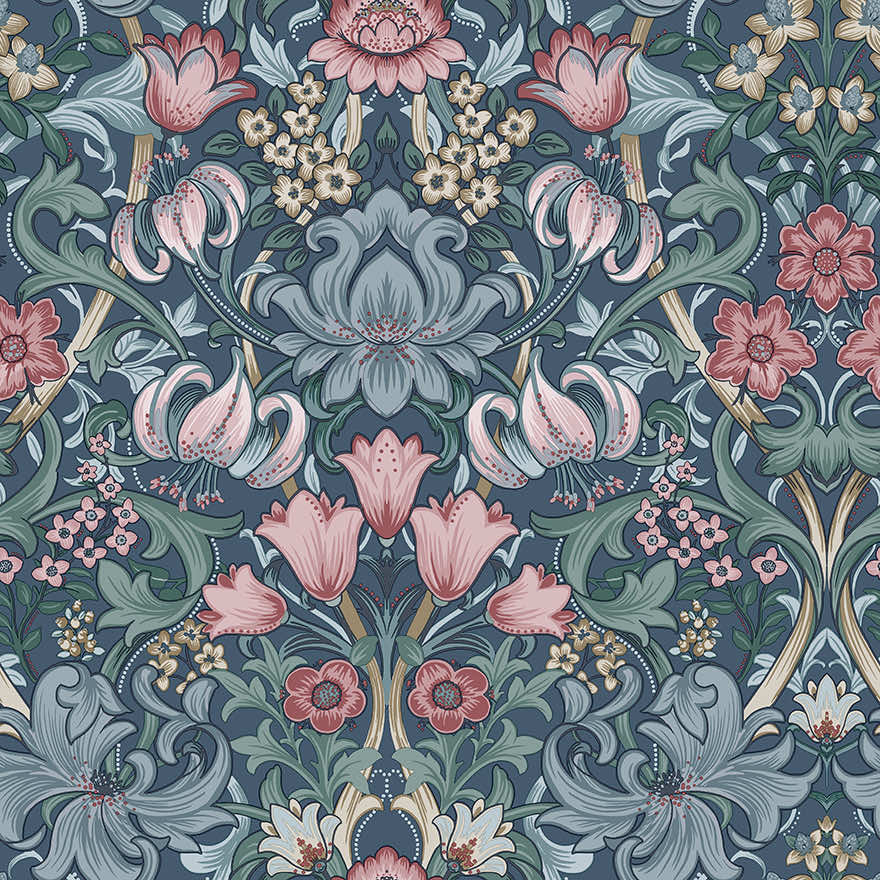 91903 - Fleurmont Wallpaper - Navy / Blush - Holden Decor