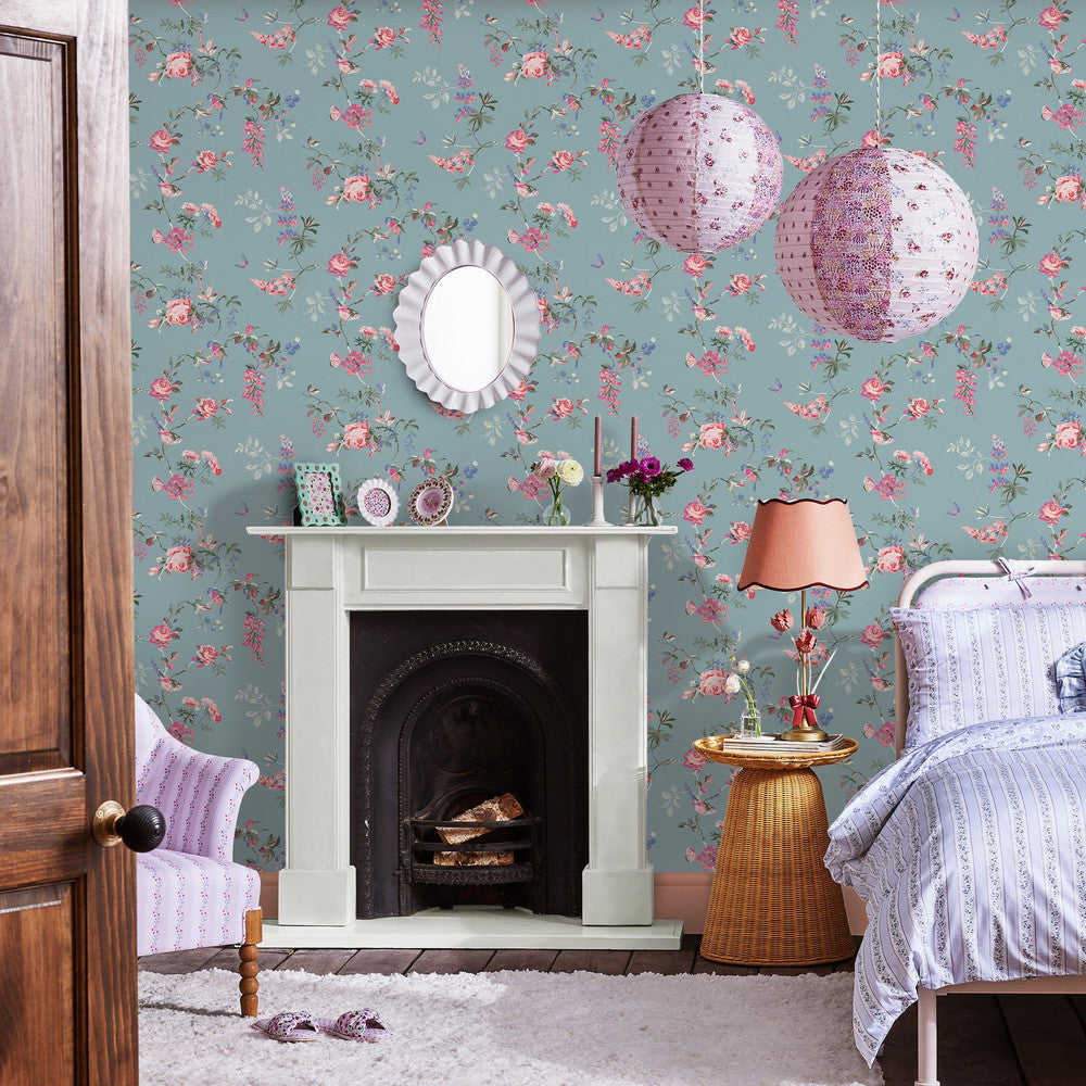 Birds & Roses Wallpaper - Blue - 25504 - Cath Kidston