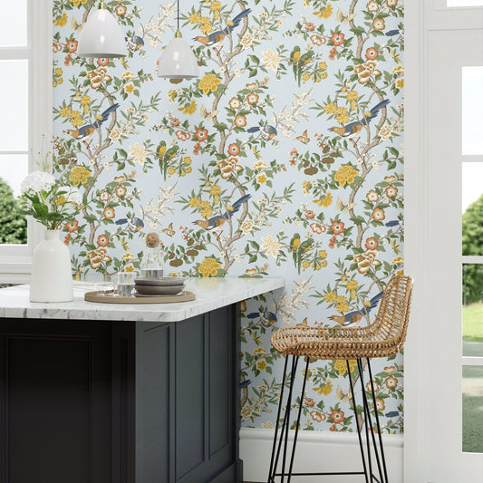 Chinoiserie Hall Wallpaper - Dawn Blue/Persimmon - DWAW217112 - Sanderson
