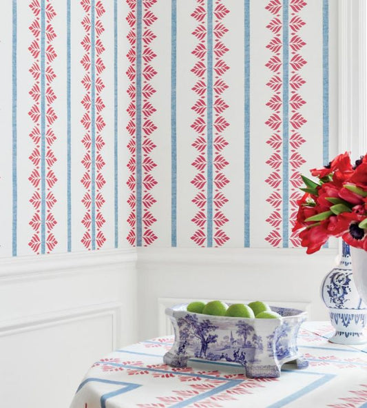 Fern Stripe Wallpaper - Red and Blue - AT15105 - Anna French