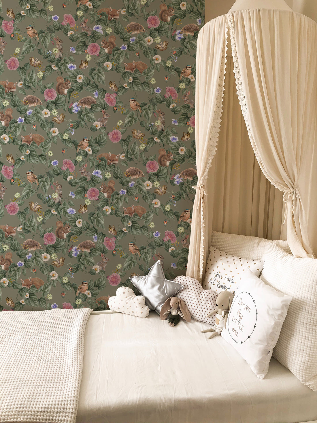 Forest Lullaby Nursery Wallpaper - Moss - Summer Gray
