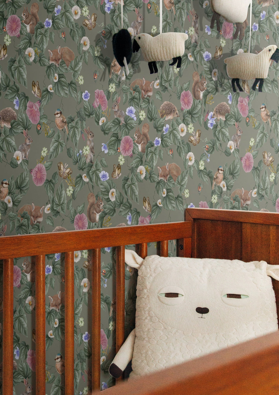 Forest Lullaby Nursery Wallpaper - Moss - Summer Gray
