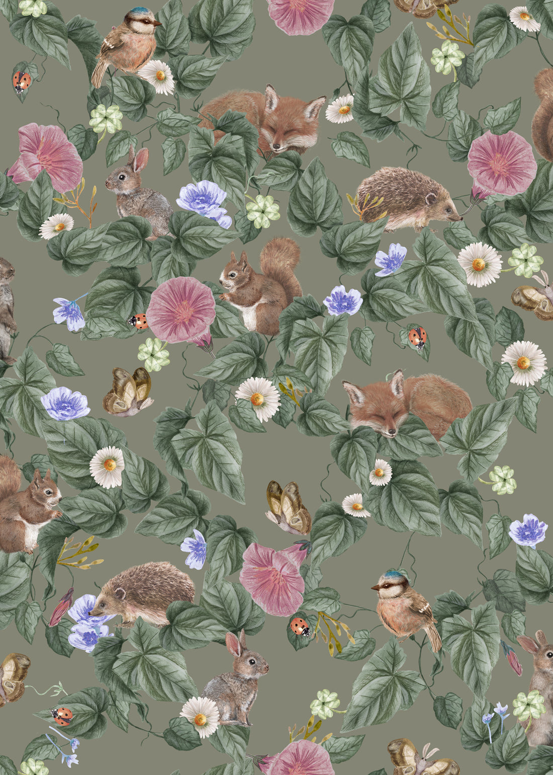 Forest Lullaby Nursery Wallpaper - Moss - Summer Gray
