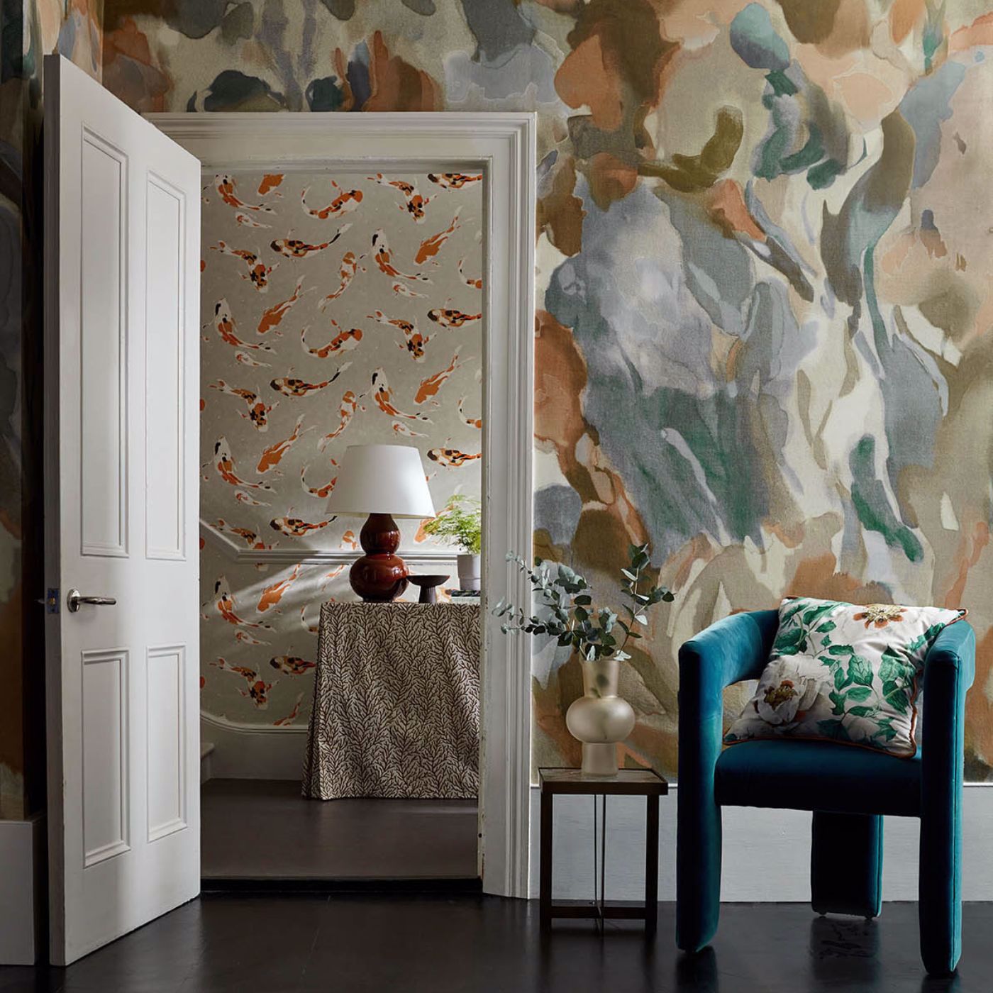 Foresta Wallpaper - Baked Terracotta/Cerulean - HC4W113001 - Harlequin