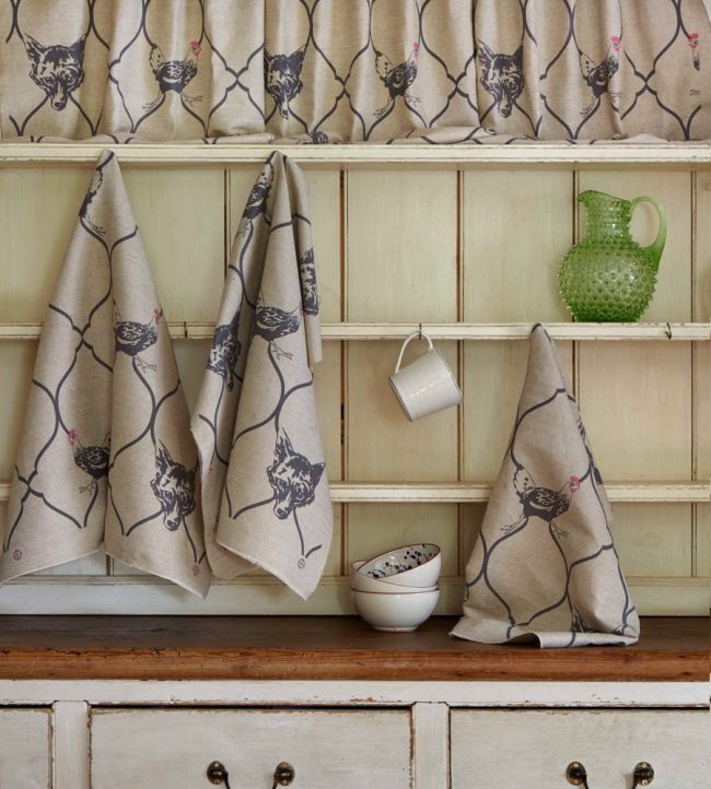 Fox And Hen Fabric - Charcoal/Pink on Natural - BGF030502 - Barneby Gates