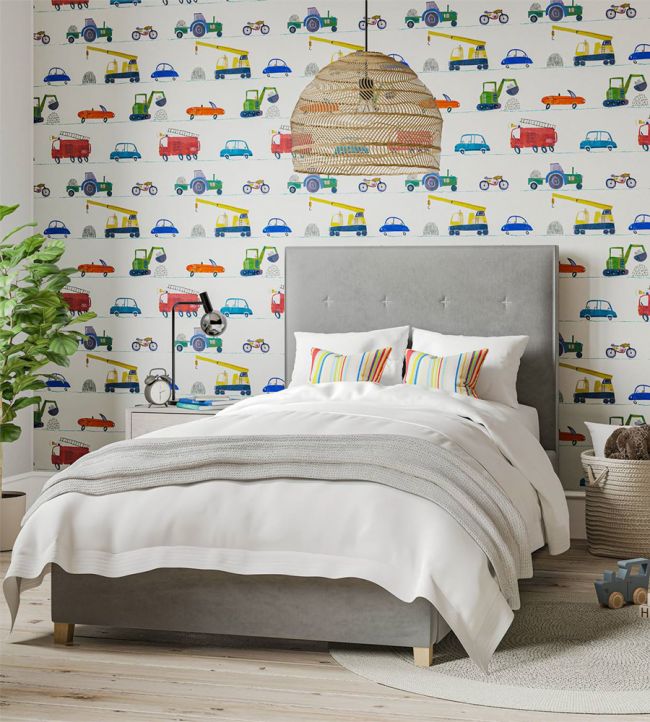 Just Keep Trucking Wallpaper - Tomato/Marine/Gecko - HLTF112643 - Harlequin