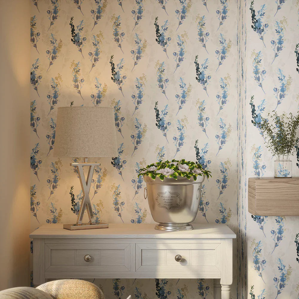 LAN100034 - Wild Stocks Wallpaper - China Blue & Linen Cream - Lucie Annabel
