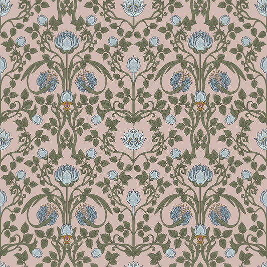 LAN100038 - Tulip Garden Wallpaper - Mineral & Forest Green on Vintage Rose - Lucie Annabel