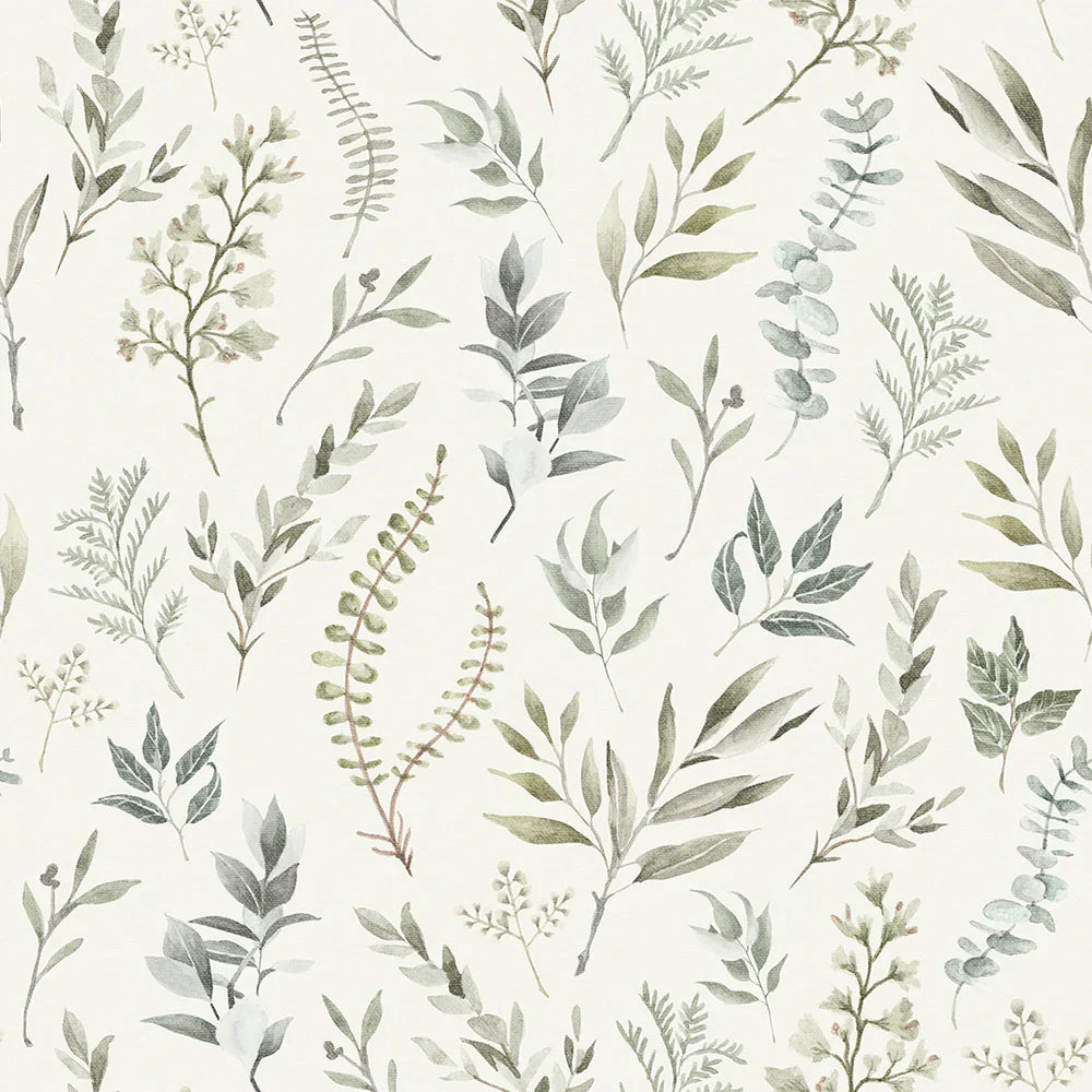 LAN100045 - Countryside Trail Wallpaper - Rustic Greens on Ivory Linen - Lucie Annabel