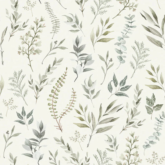 LAN100045 - Countryside Trail Wallpaper - Rustic Greens on Ivory Linen - Lucie Annabel
