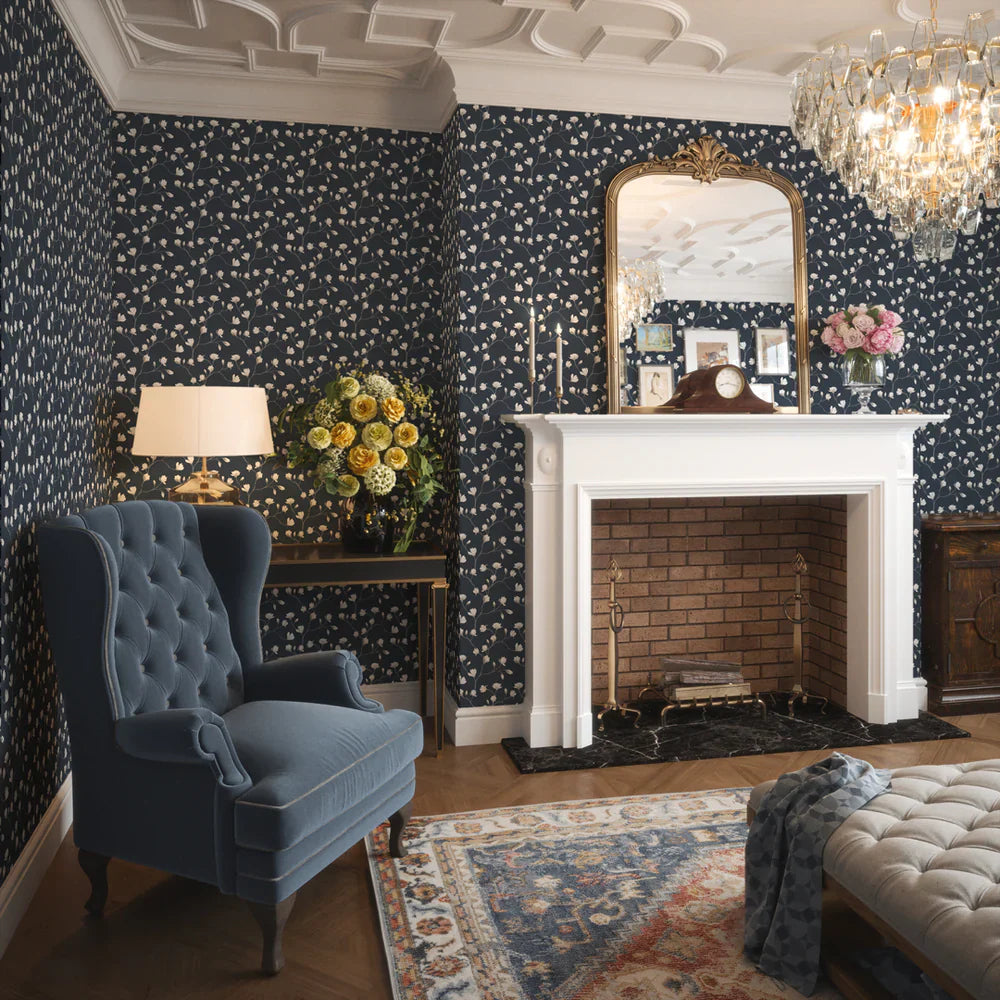 LAN100052 - Sweet Magnolia Wallpaper -  Classic Navy - Lucie Annabel