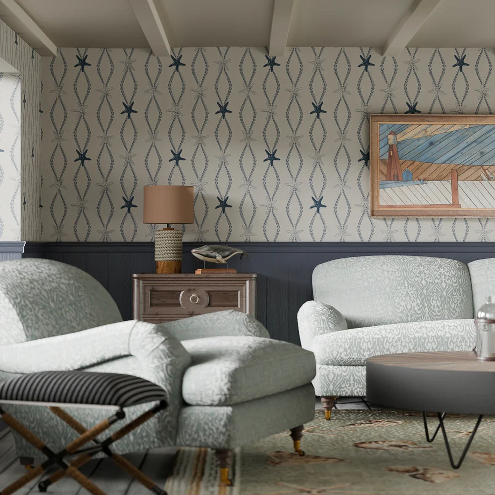 LAN100315 - Underwater Treasure Wallpaper - Classic Navy on Pearl White - Lucie Annabel