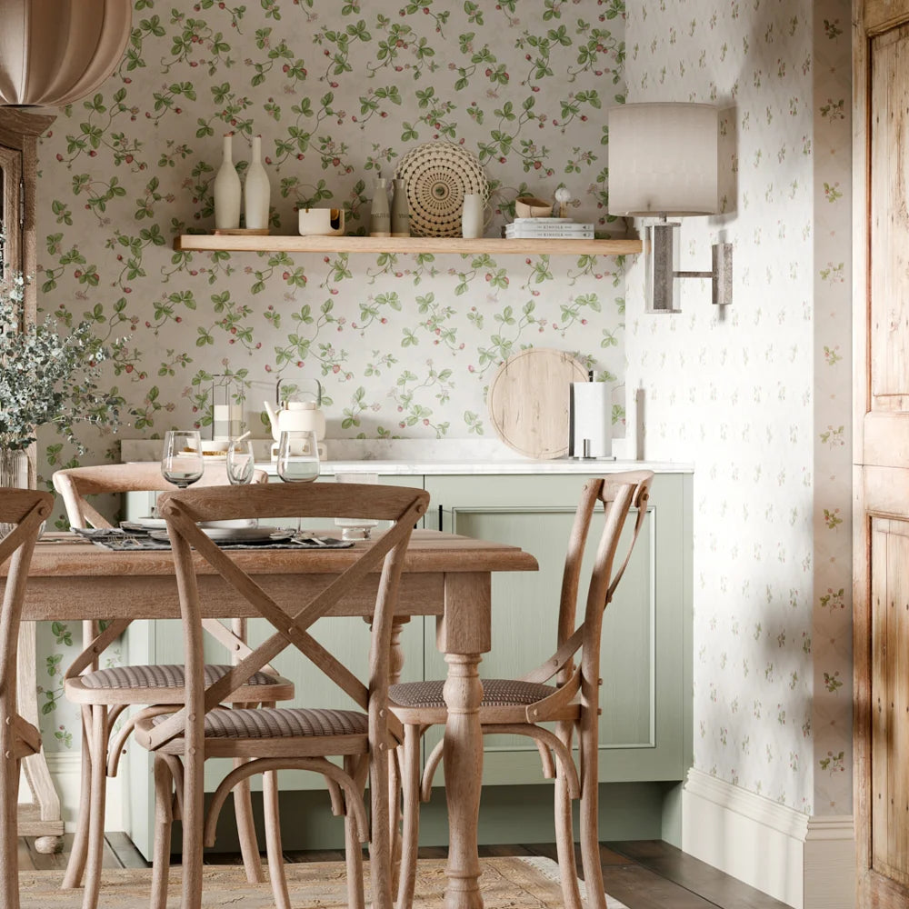 LAN100382 - Strawberry Harvest Wallpaper - Summer Greens & Berry Red - Lucie Annabel