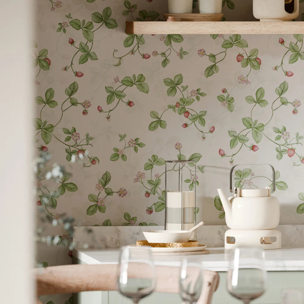 LAN100382 - Strawberry Harvest Wallpaper - Summer Greens & Berry Red - Lucie Annabel
