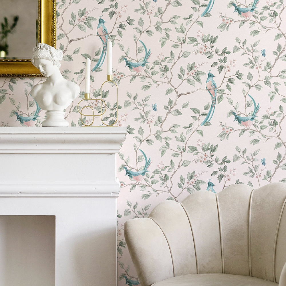 LAN100390 - Song of The Lovebirds Wallpaper - Soft Pink - Lucie Annabel