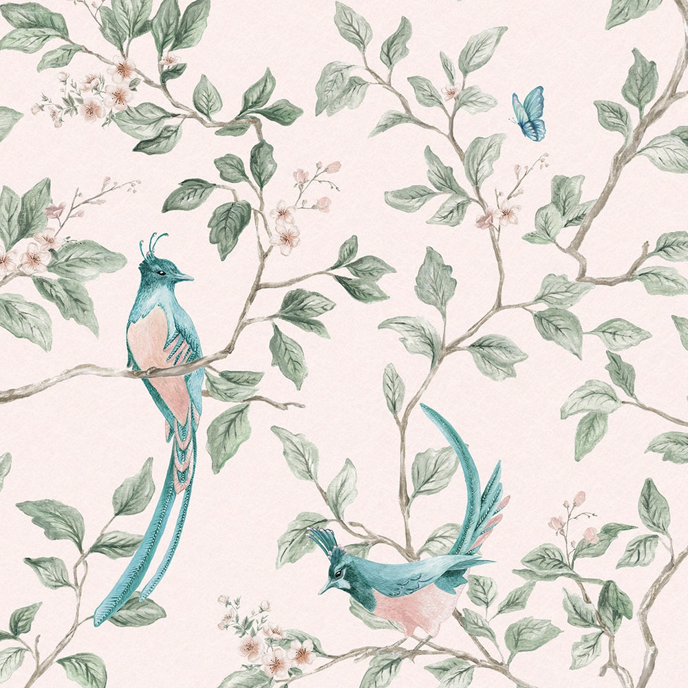 LAN100390 - Song of The Lovebirds Wallpaper - Soft Pink - Lucie Annabel
