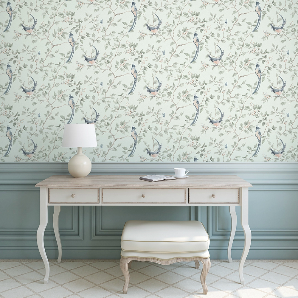 LAN100391 - Song of The Lovebirds Wallpaper - Duck Egg - Lucie Annabel