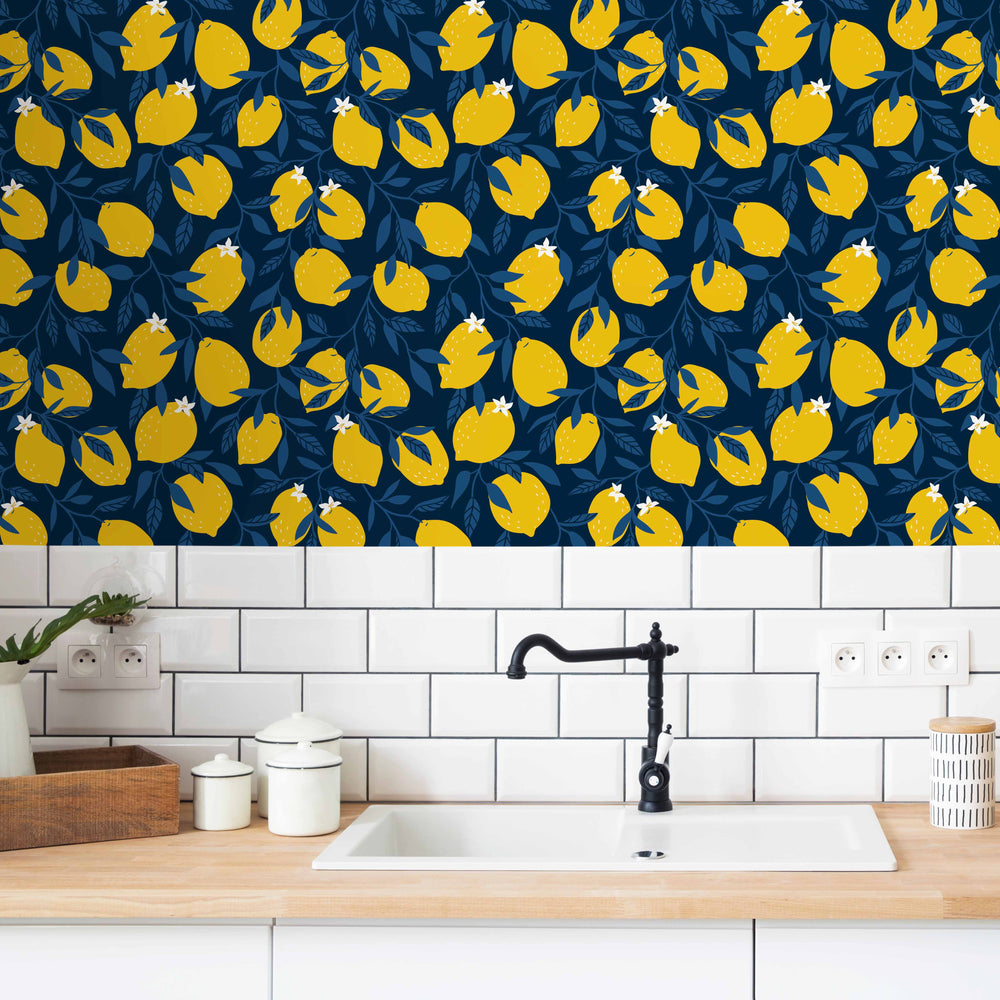 LH900069 - Freshly Squeezed Wallpaper - Midnight Blue & Lemon Yellow - Lust Home