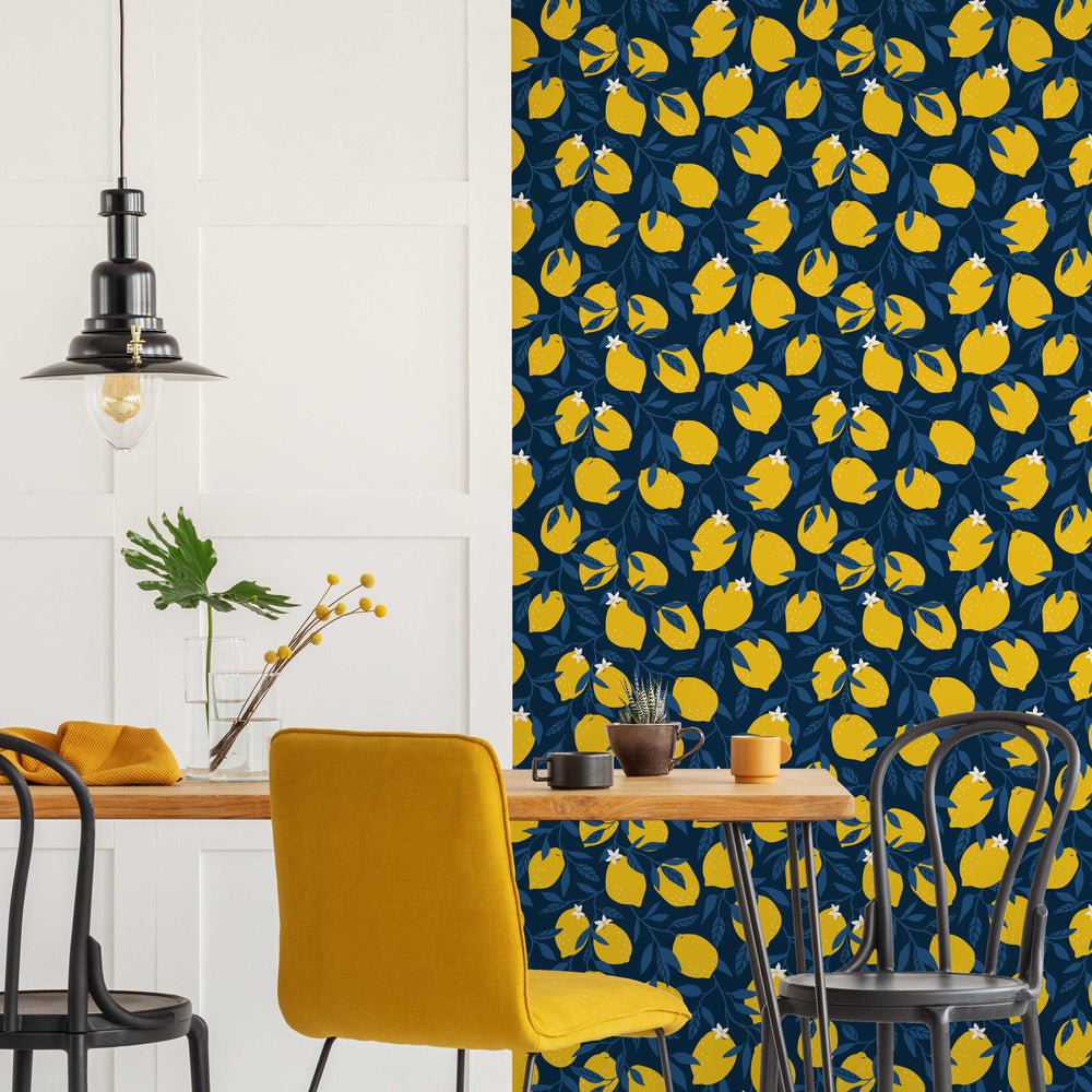 LH900069 - Freshly Squeezed Wallpaper - Midnight Blue & Lemon Yellow - Lust Home