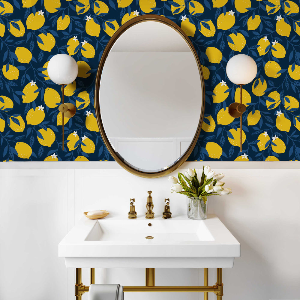 LH900069 - Freshly Squeezed Wallpaper - Midnight Blue & Lemon Yellow - Lust Home