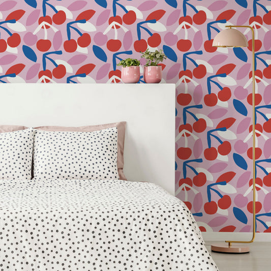 LH900125 - Sweet Cherry Pie Wallpaper - Soft Berry, Cherry Red & French Blue - Lust Home