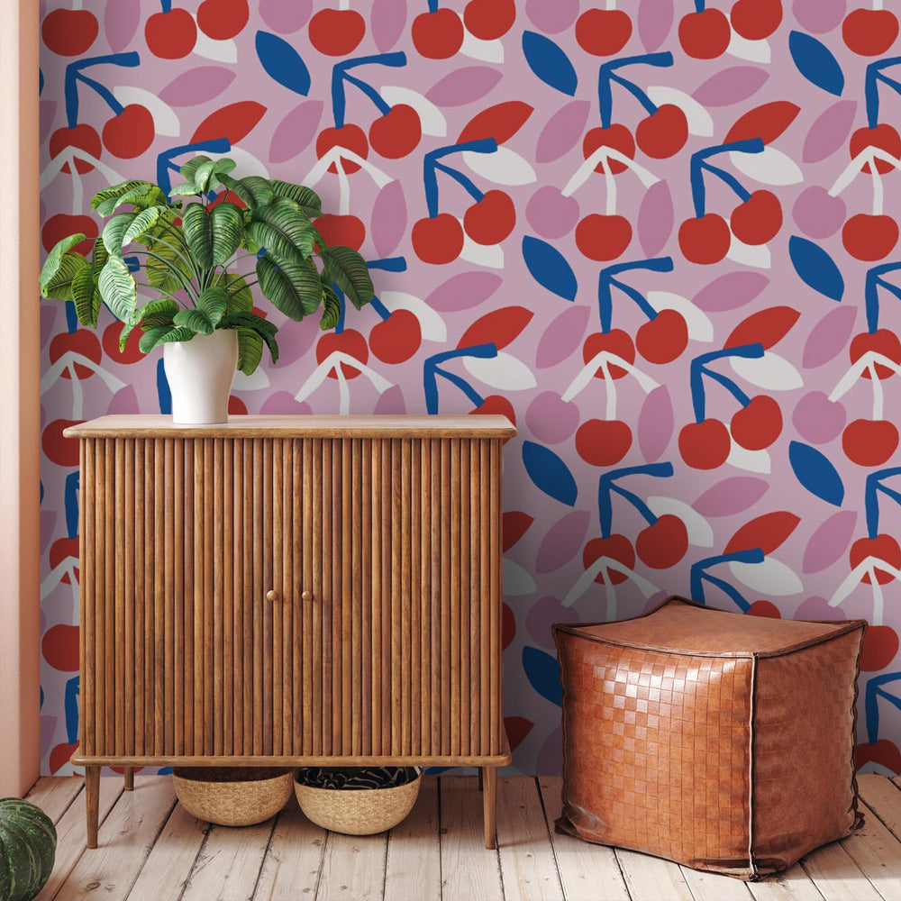 LH900125 - Sweet Cherry Pie Wallpaper - Soft Berry, Cherry Red & French Blue - Lust Home