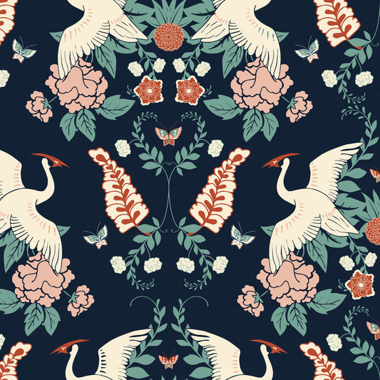 LH900127 - Master Crane Wallpaper - Oxford Blue, Duck Egg, & Peony Pink - Lust Home