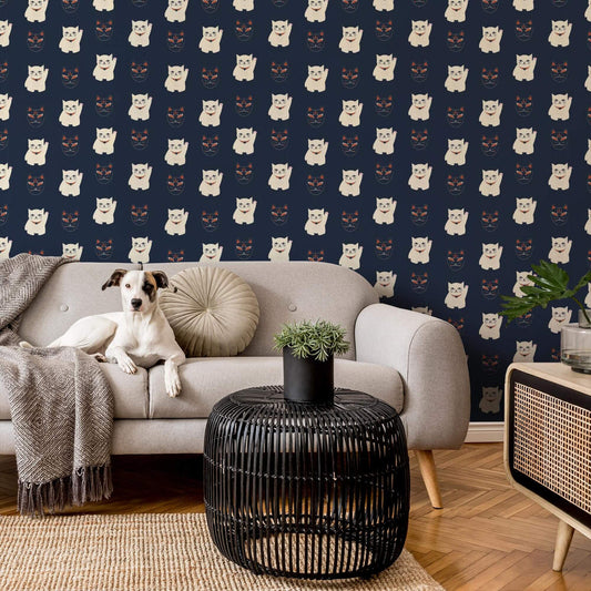 LH900151 - Lucky Cat Midnight Wallpaper - Navy, Jasmine White & Crimson - Lust Home