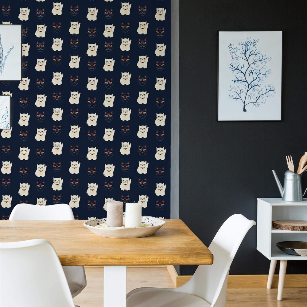 LH900151 - Lucky Cat Midnight Wallpaper - Navy, Jasmine White & Crimson - Lust Home